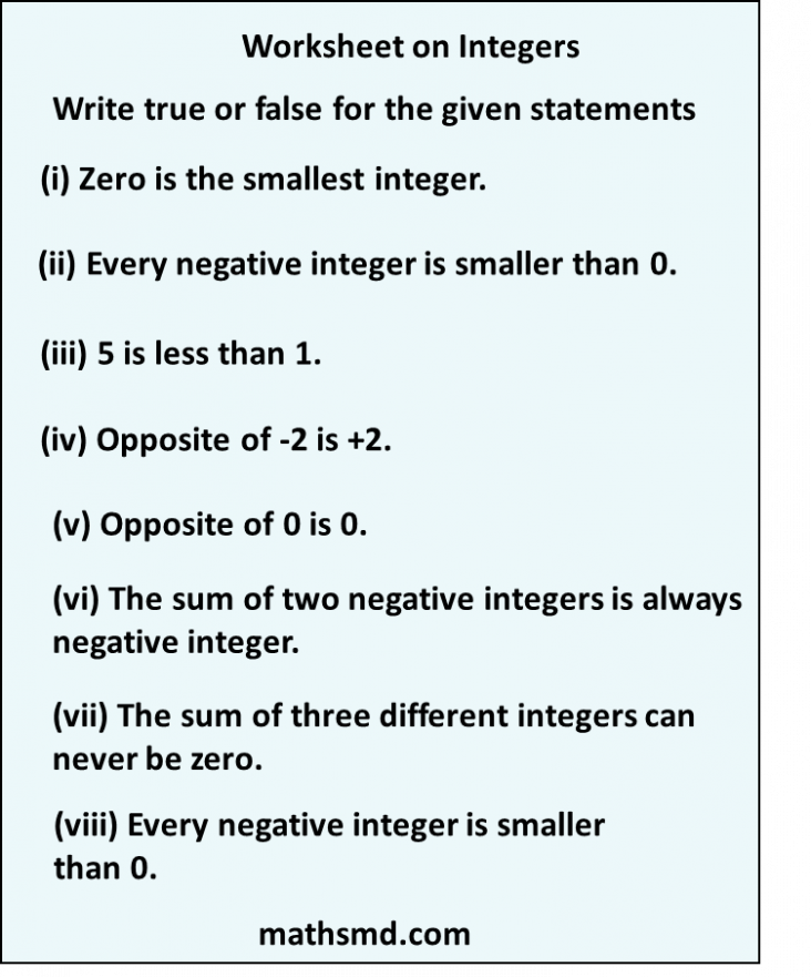 Addition Of Integer Worksheet 5 MathsMD